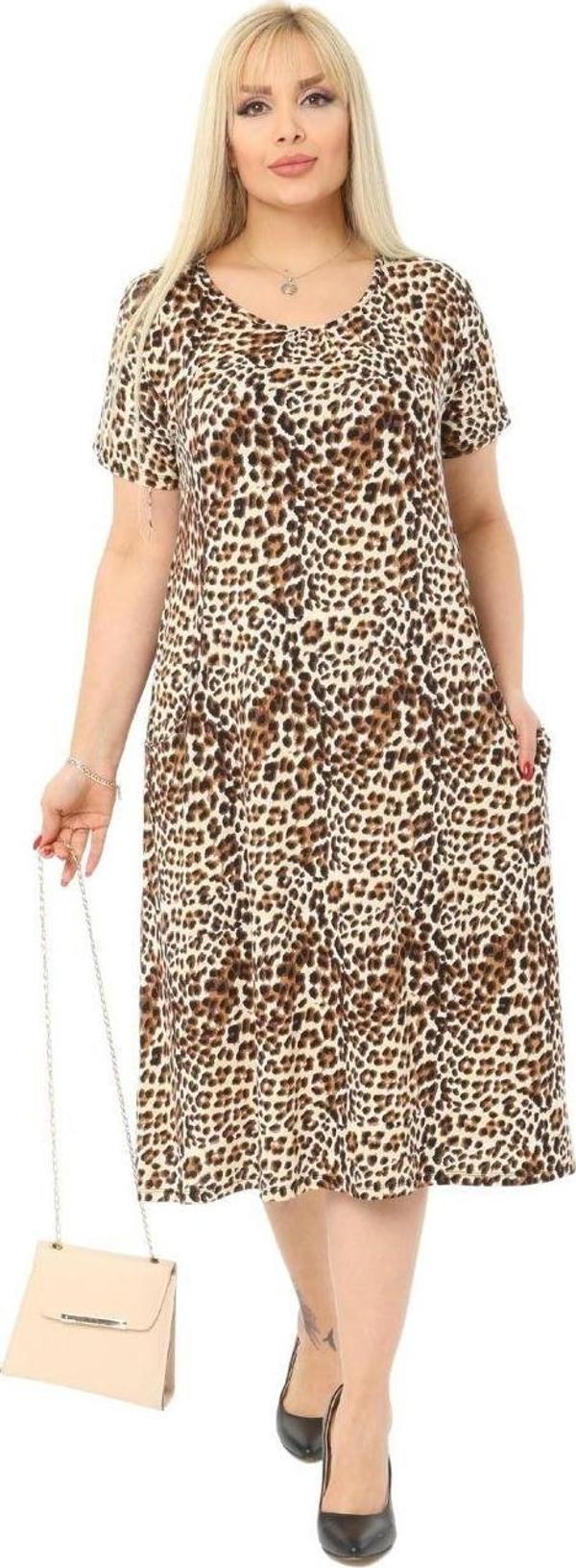 Melsay Butik Küçük Leopar Desen Cepli Kısa Kol Kadın Midi Elbise - Image 1
