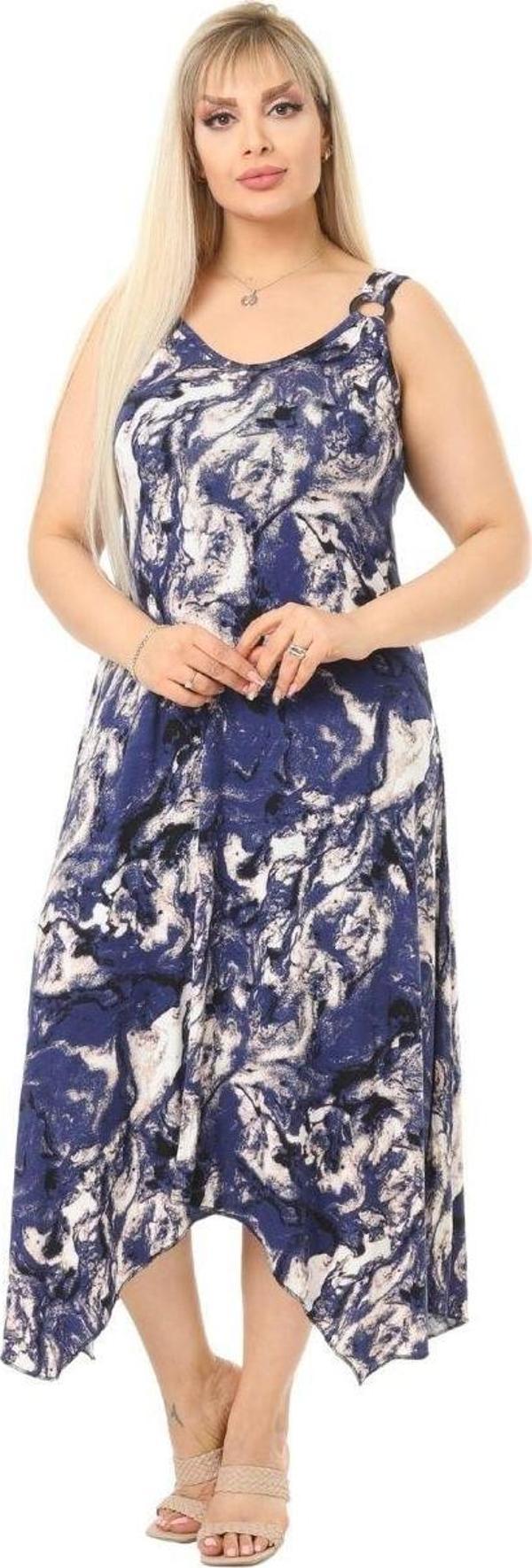 Melsay Butik Mavi Batik Desen Askılı V Yaka Uzun Elbise - Image 1