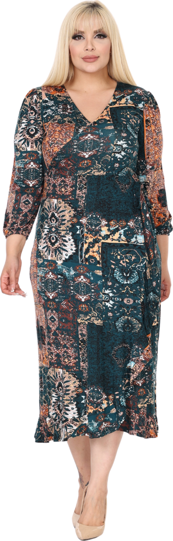 Melsay Butik Kruvaze Yaka Yeşil Etnik Desen Anvelop Etek Midi Elbise - Image 1