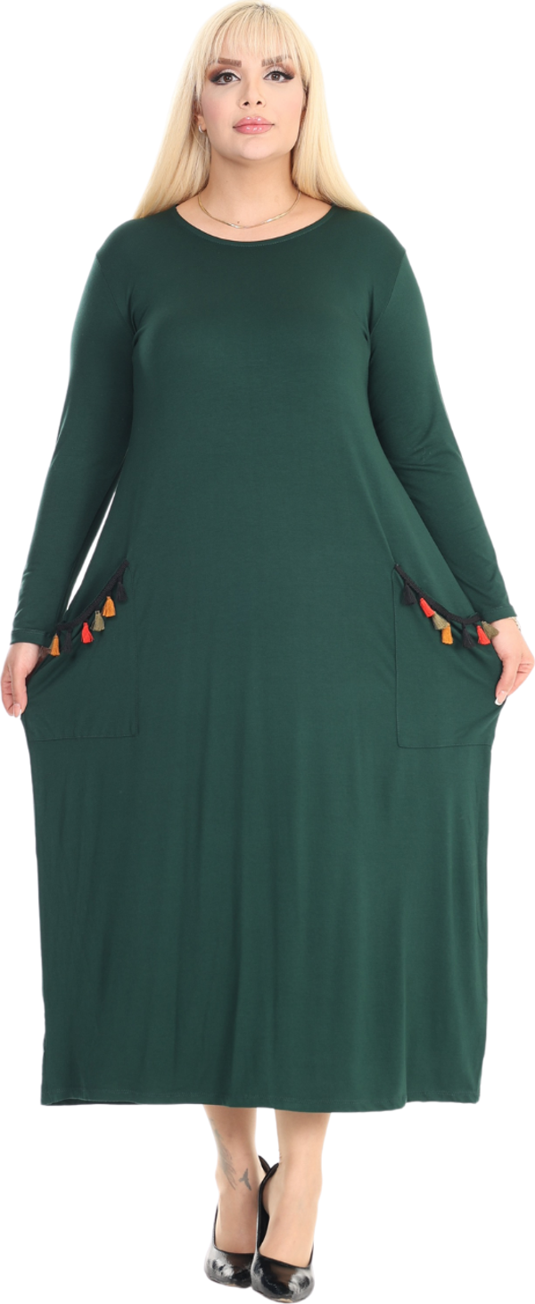 Melsay Butik Püsküllü Cepli Kadın Uzun Kollu Zümrüt Yeşili Tesettür Elbise - Image 1