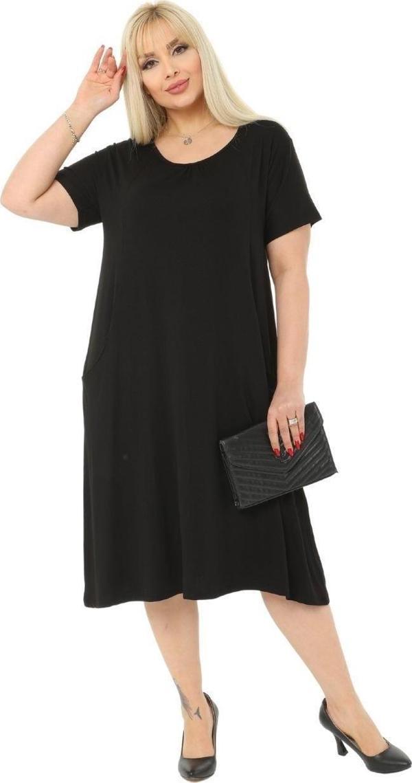 Melsay Butik Siyah Kuplu Cepli Kısa Kol Kadın Midi Elbise - Image 1