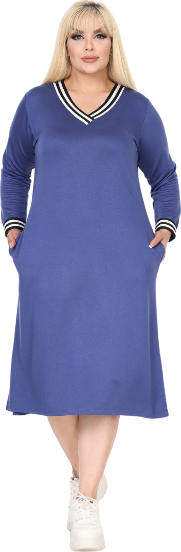 Melsay Butik İndigo Yakası Şeritli V Yaka Uzun Kol İki İplik Elbise - Image 1