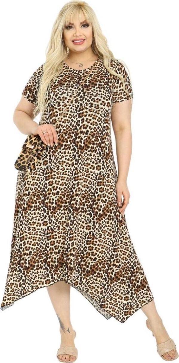 Melsay Butik Küçük Leopar Desen Asimetrik Kısa Kollu Uzun Elbise - Image 1