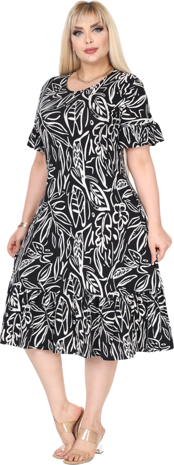Melsay Butik Kadın Büyük Beden Eteği Fırfırlı Siyah Yaprak Desen Cepli Elbise - Image 1