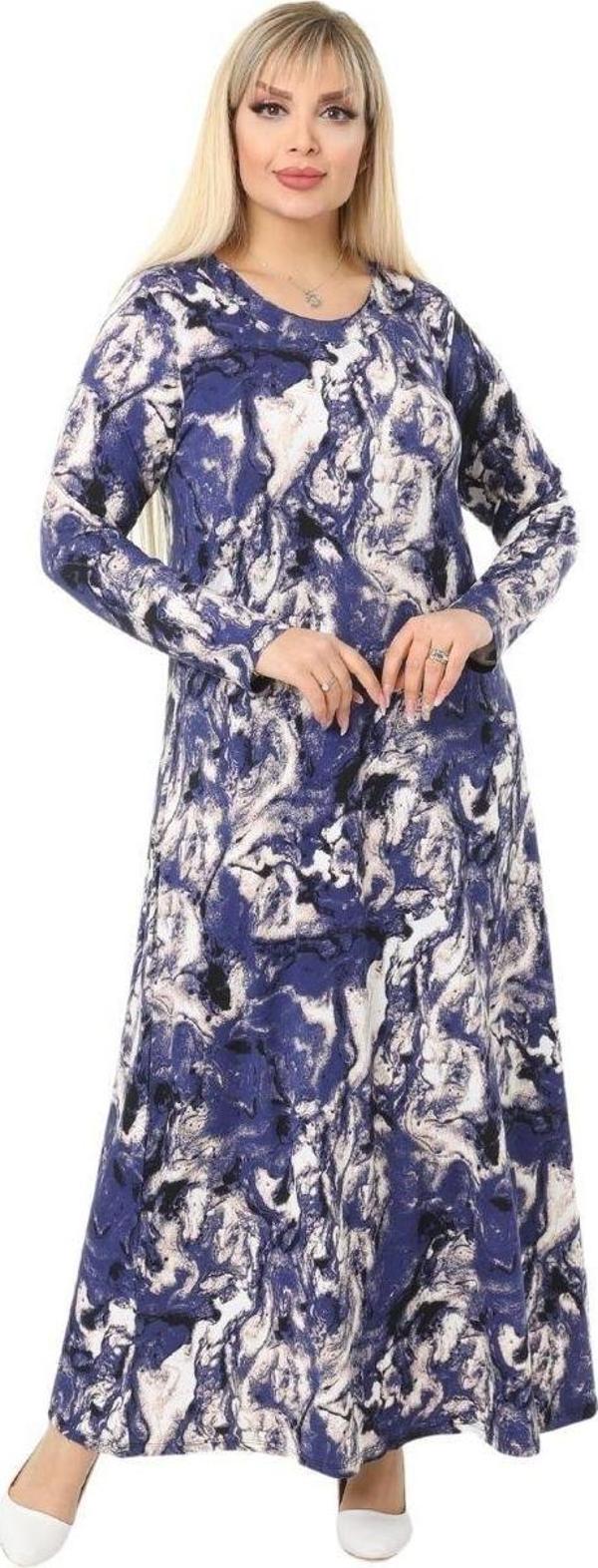 Melsay Butik Mavi Batik Desen Kollu Kadın Uzun Tesettür Elbise - Image 1