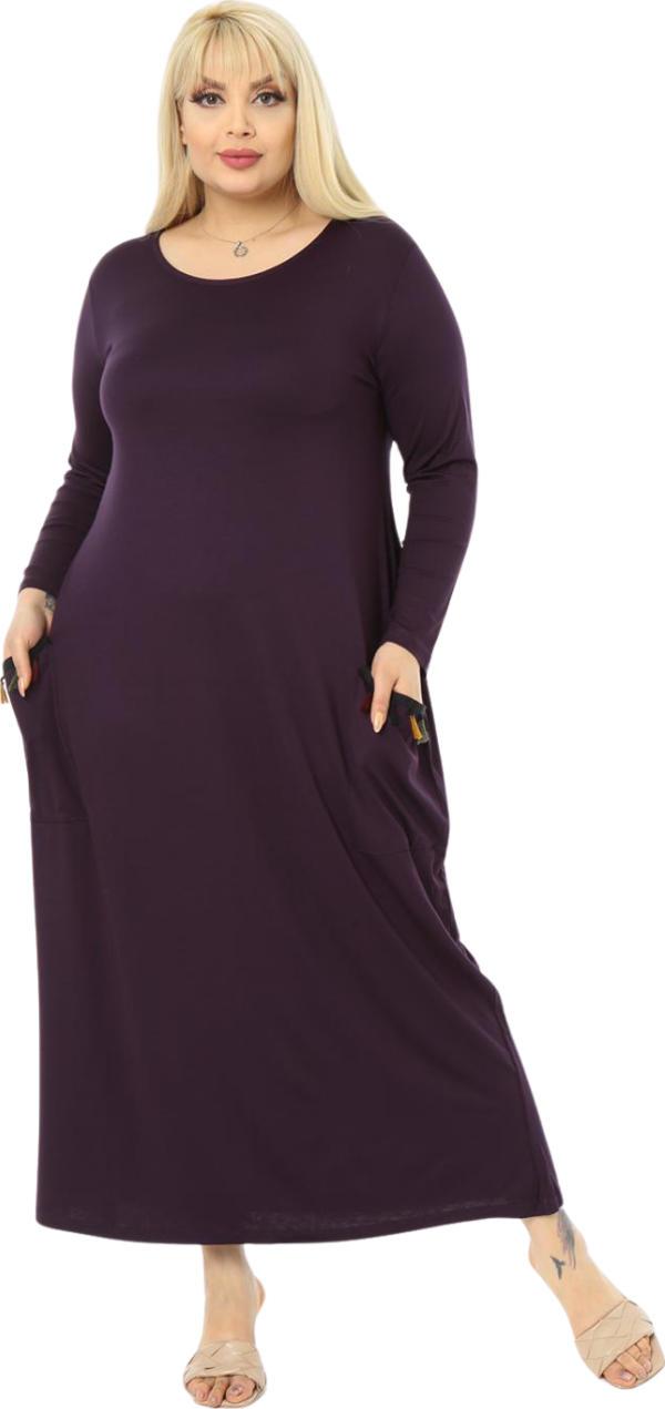 Melsay Butik Püsküllü Cepli Kadın Uzun Kollu Mor Tesettür Elbise - Image 1