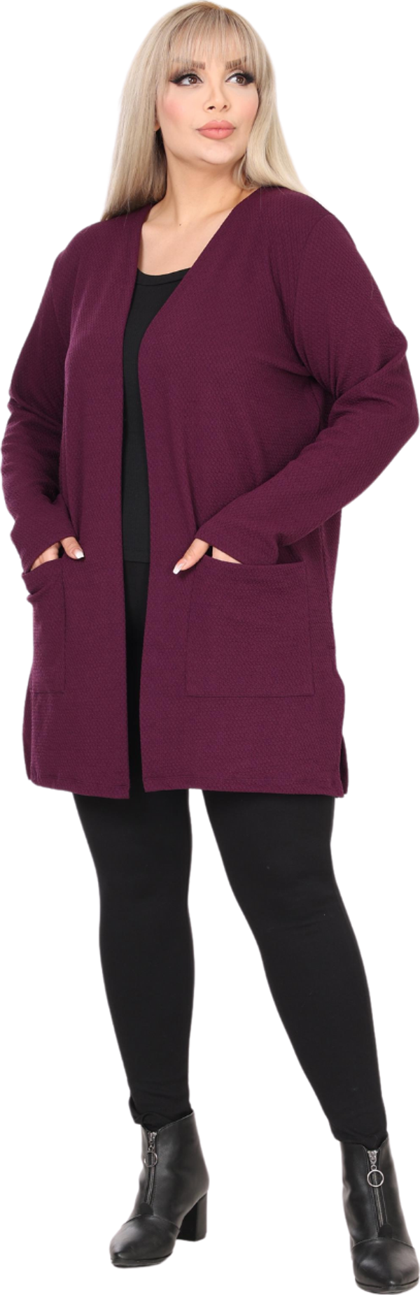 Melsay Butik Kadın Mor Büyük Beden Önü Açık Ceket Yaka Örme Kısa Hırka - Image 1