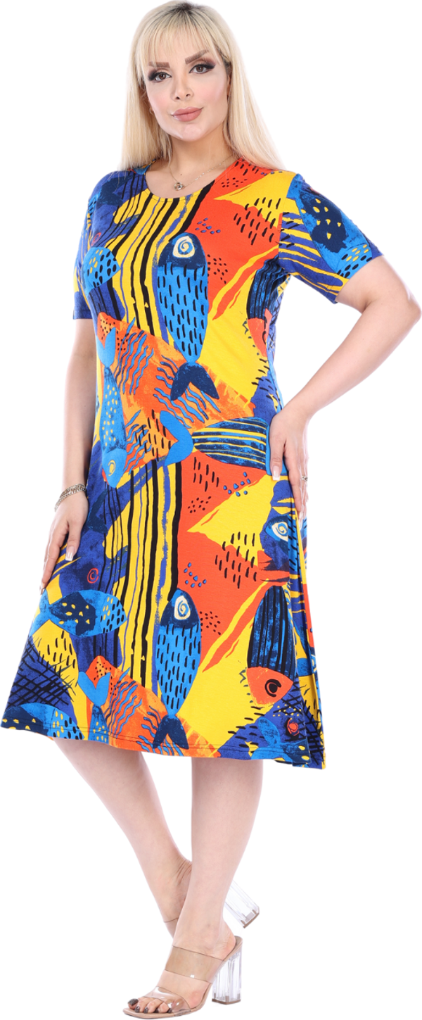 Melsay Butik Sarı Balık Desen Kısa Kollu Büyük Beden Midi Elbise - Image 1