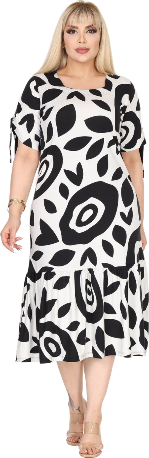 Melsay Butik Beyaz Nazar Desen Kolları Bağlamalı Kısa Kollu Elbise - Image 1