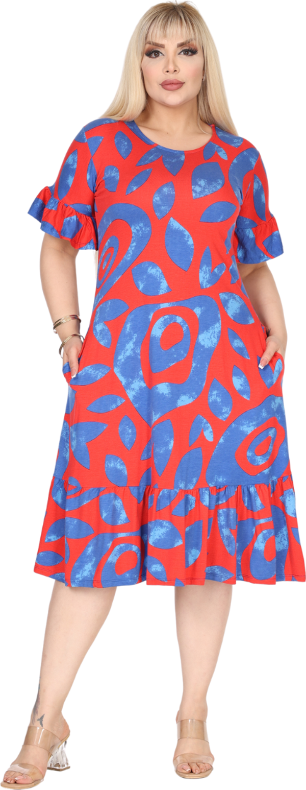 Melsay Butik Kadın Büyük Beden Eteği Fırfırlı Pembe Nazar Desen Cepli Elbise - Image 1