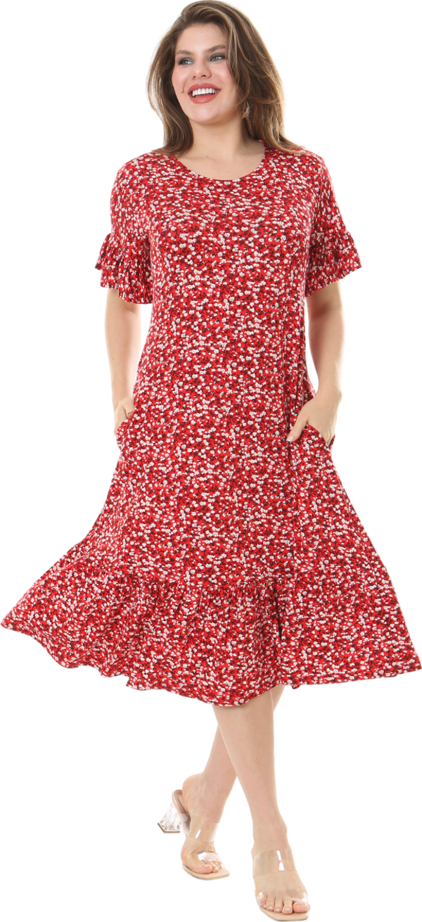 Melsay Butik Fırfırlı Cepli Kırmızı Çıtır Desenli Kısa Kollu Midi Elbise - Image 1