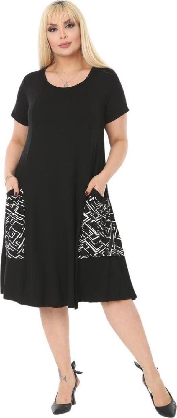 Melsay Butik Balon Cepli Zigzag Desen Kısa Kollu Midi Elbise - Image 1