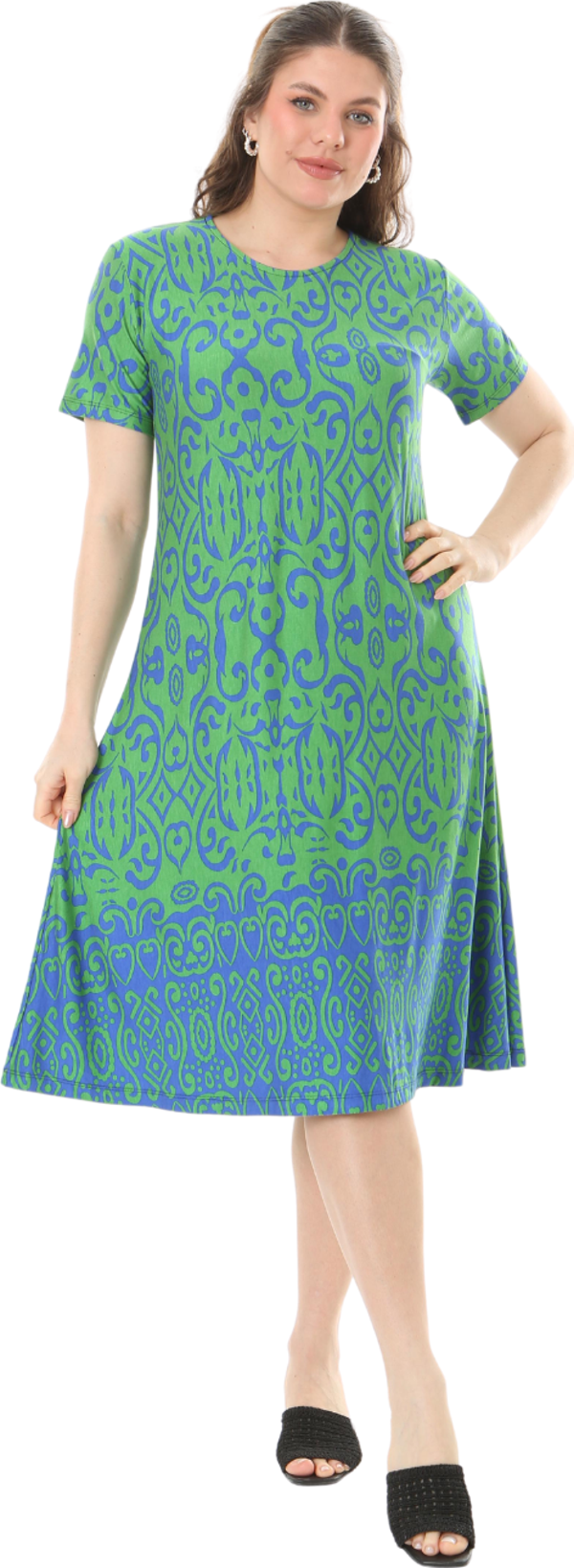 Melsay Butik Yeşil Kilim Desen Kısa Kollu Büyük Beden Midi Elbise - Image 1