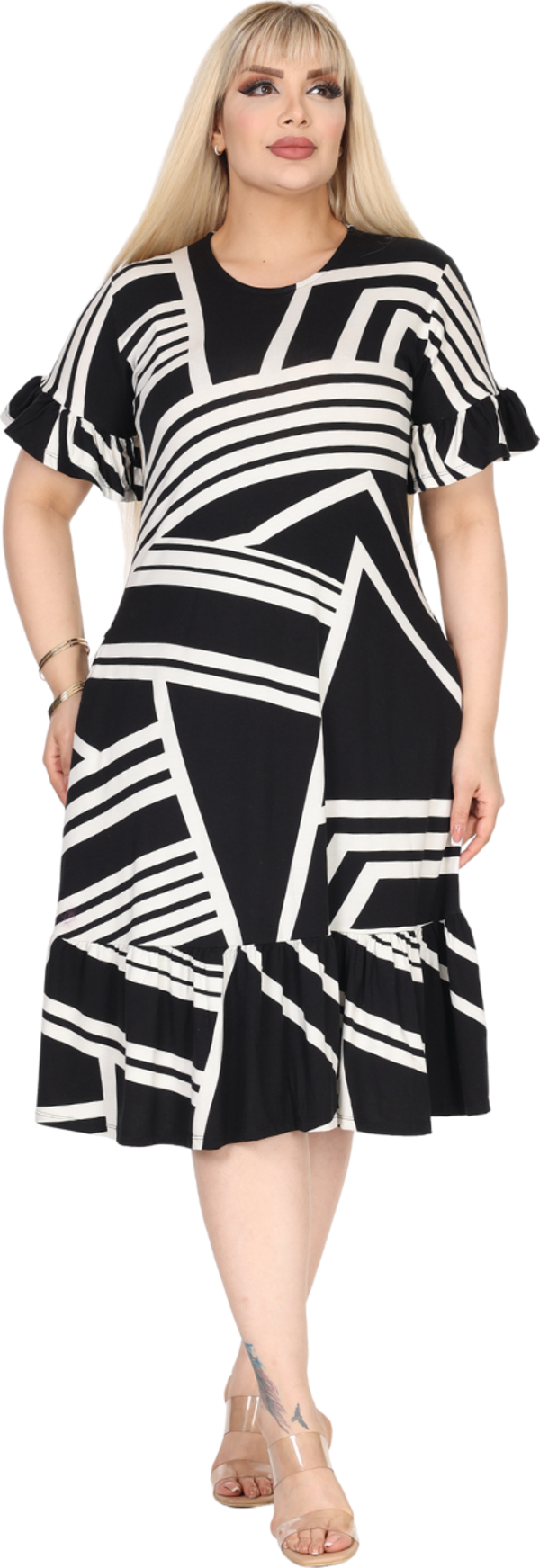 Melsay Butik Kadın Büyük Beden Eteği Fırfırlı Siyah Çizgili Desen Cepli Elbise - Image 1