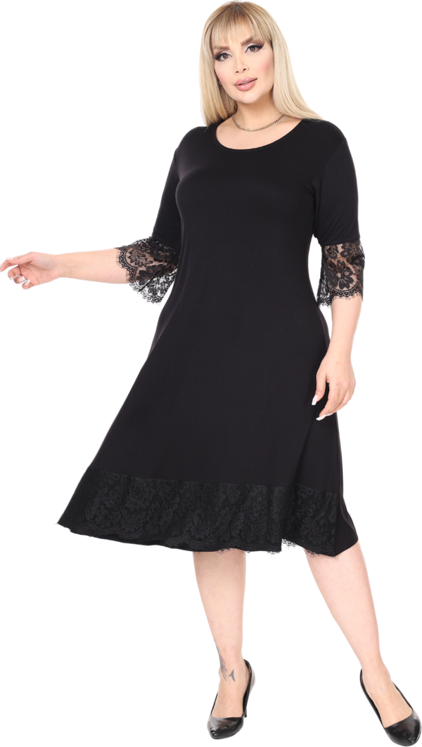 Melsay Butik Siyah Flare Kol Eteği Dantel Detaylı Abiye Elbise - Image 1