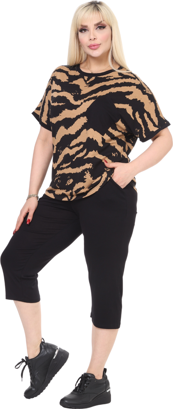 Melsay Butik Siyah Zebra Desen Çapraz Cep Detaylı Kapri Takım - Image 1