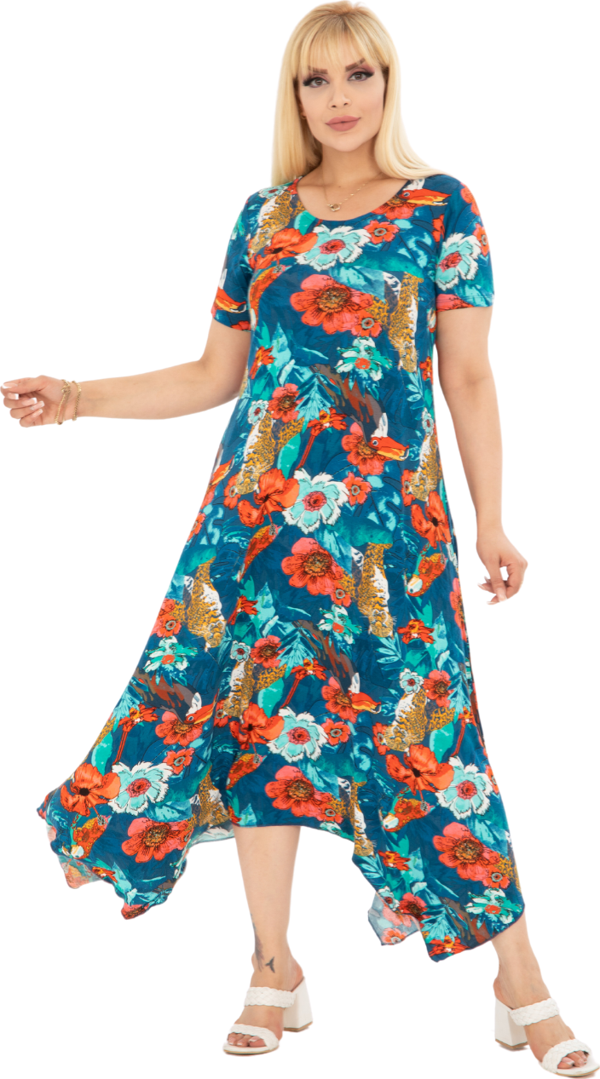 Melsay Butik Yeşil Papağan Desen Asimetrik Kısa Kollu Elbise - Image 1