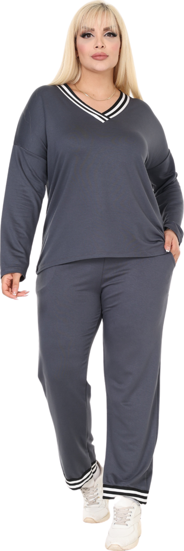 Melsay Butik Antrasit V Yaka Yakası Şerit Detaylı Eşofman Takımı - Image 1