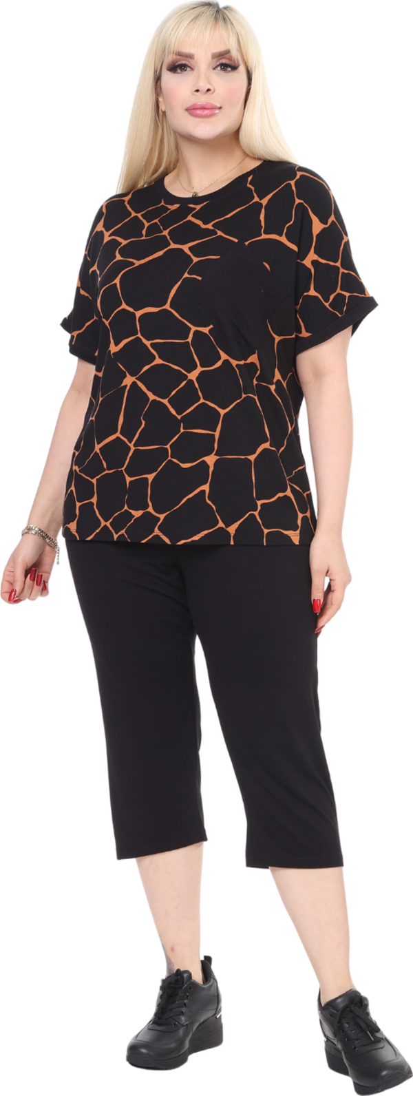 Melsay Butik Siyah Taş Desen Çapraz Cep Detaylı Kapri Takım - Image 1