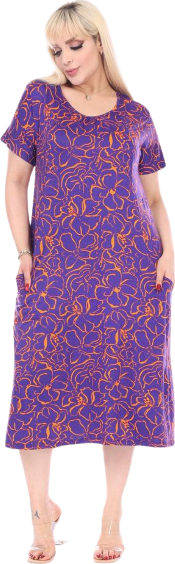Melsay Butik Mor Çiçek Desen Kuplu Cepli Kısa Kol Kadın Midi Elbise - Image 1