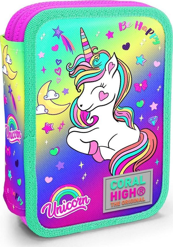 Coral High Kids Lavanta Su Yeşili Unicorn Desenli Çift Katlı Kalem Çanta 11129 - Image 1