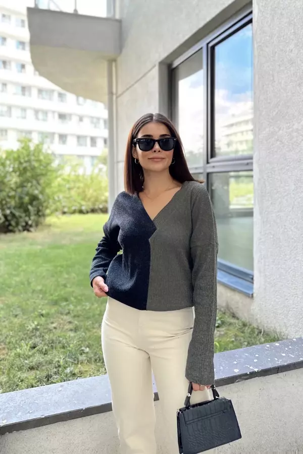 Kadın Antrasit & Haki Günlük Stil V Yaka Kazak - Image 1