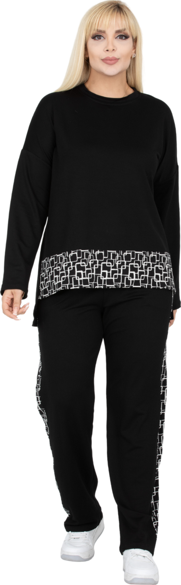 Melsay Butik Siyah Kare Şeritli Büyük Beden Kadın Eşofman Takımı - Image 1