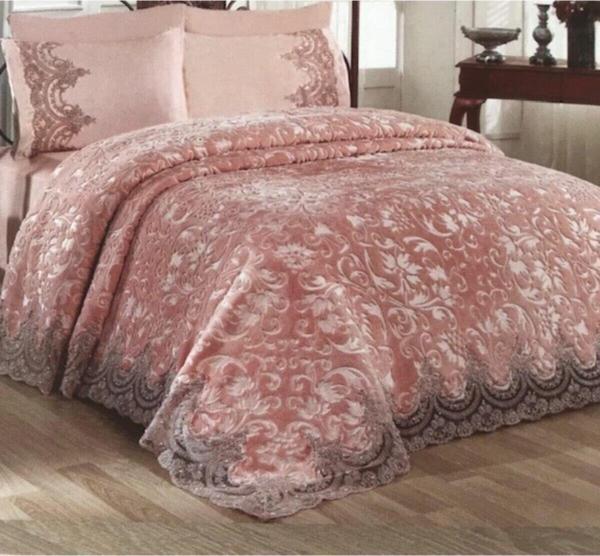 Jolly Home 6 Parça Pudra Fransız Dantelli Güpürlü Çift Kişilik Battaniye Seti - Image 1