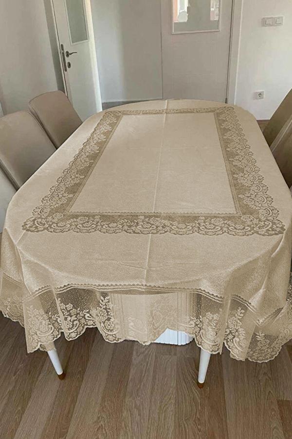 Bursa Çeyiz Desenli Dertsiz Leke Tutmaz Dantelli Masa Örtüsü, Çini Desen Masa Örtüsü - Kahve - Image 1