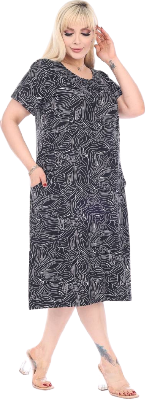 Melsay Butik Siyah Zigzag Çizgili Cepli Kısa Kol Kadın Midi Elbise - Image 1