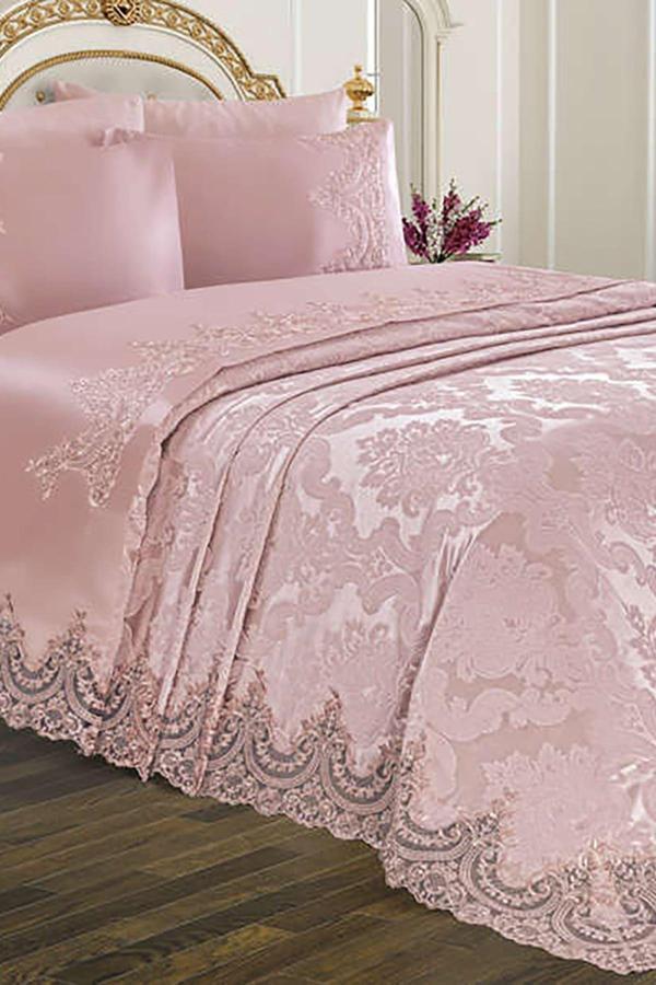 Halıstores Fransız Dantelli Çeyizlik Pike Takımı Mahfiruz Pudra - Image 1