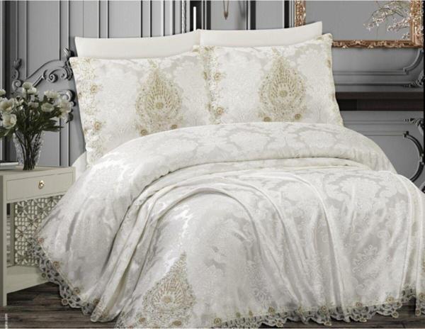 Çalışkan Çeyiz Evi Elegant Çift Kişilik Pike Takımı 6 Parça Krem Gümüş - Image 1