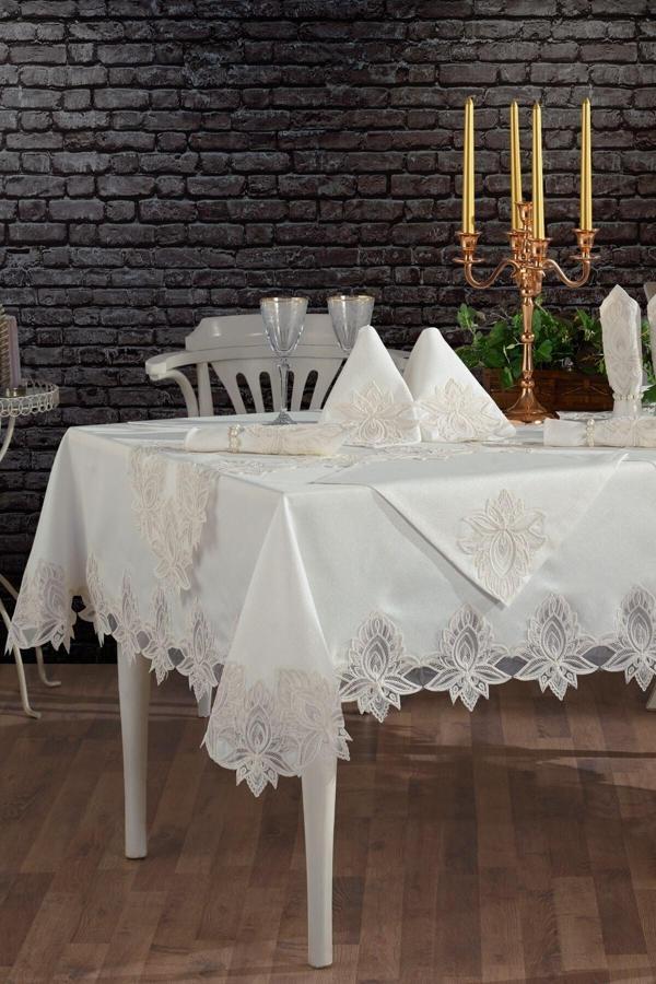 Bursa Çeyiz Lale Linen Masa Örtüsü Seti 26 Parça Ecru Dertsiz Leke Tutmaz Kumaş - Image 1