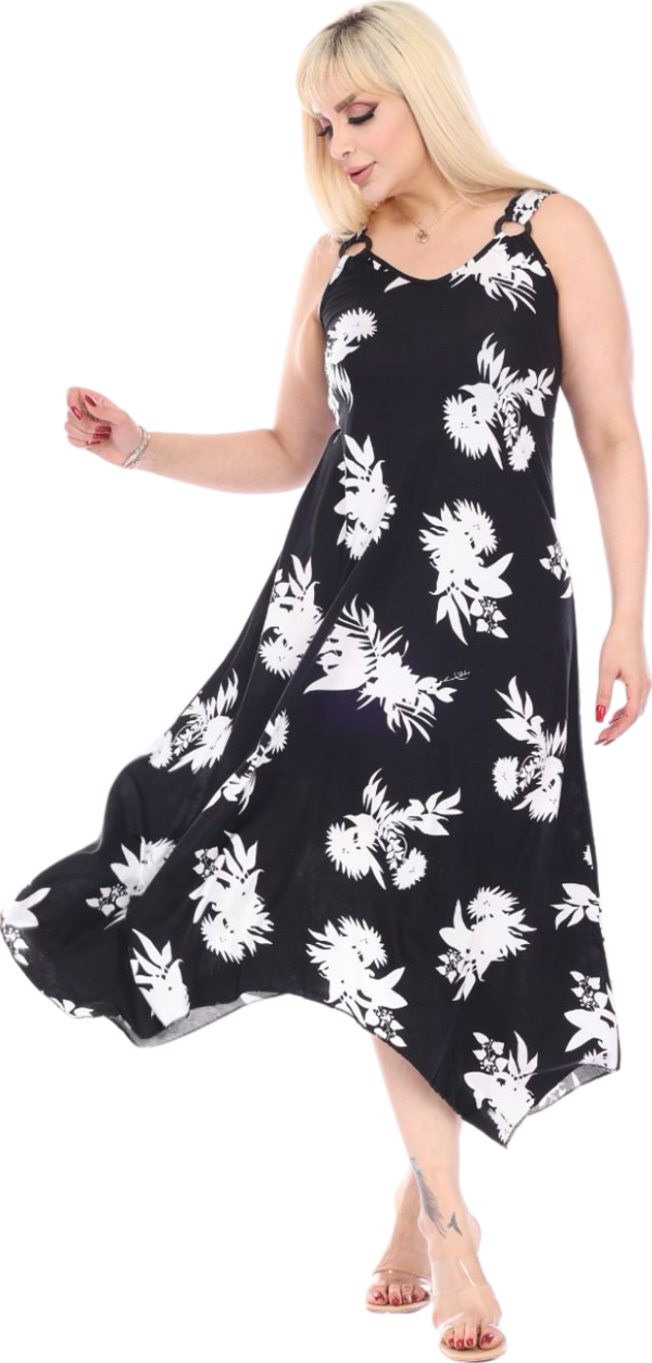 Melsay Butik Siyah Beyaz Yaprak Desen Askılı V Yaka Elbise - Image 1