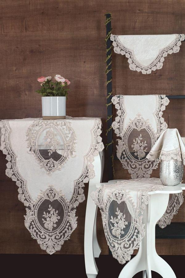 Bursa Çeyiz Kösem Kadife Salon Takımı 5 Parça - Krem - Image 1