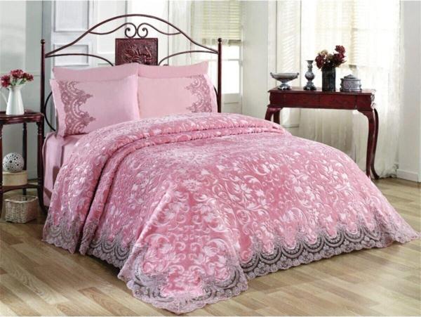 Jolly Home Çift Kişilik Güpürlü Battaniye Yatak Örtüsü Seti Pudra - Image 1
