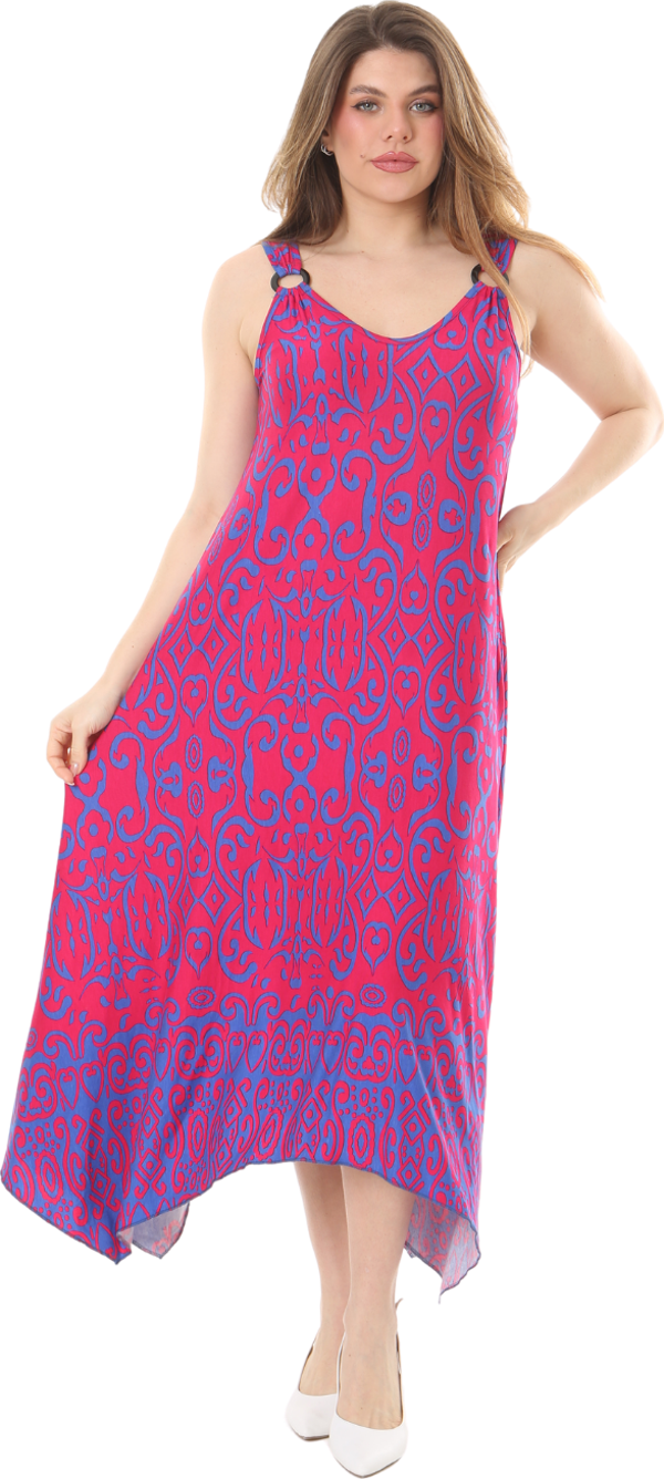 Melsay Butik Pembe Mavi Kilim Desen Askılı V Yaka Elbise - Image 1