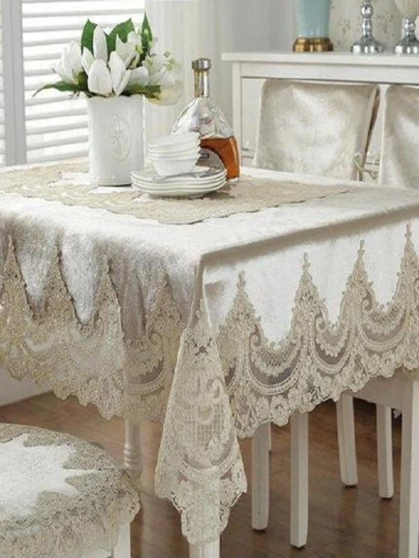 Bursa Çeyiz Sultan Ağır Fransız Dantelli Kadife Masa Örtüsü Pikolu - 160*220 Cm Cappuchino - Image 1
