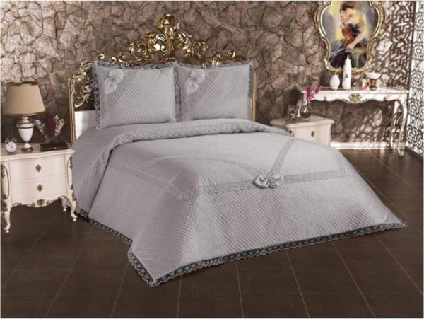 Bella Home Elif Yatak Örtüsü Çift Kişilik Fransız Güpürlü Gri - Image 1