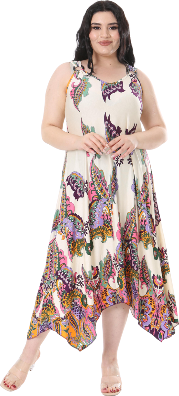 Melsay Butik Ekru Renkli Şal Desenli Askılı V Yaka Elbise - Image 1