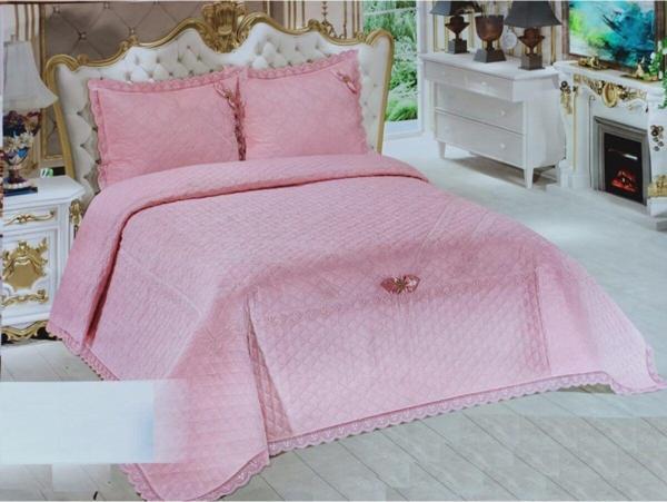 Bella Home Pembe Çift Kişilik Abiye Yatak Örtüsü Güpürlü Dantelli 250*260Cm - Image 1