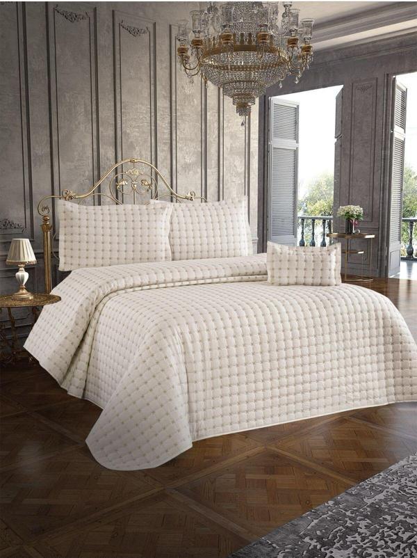 White One Home Yıldız Çift Kişilik Kapitoneli Yatak Örtüsü Krem - Image 1