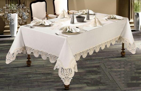 Haspen Gülnaz Set 12 Peçeteli Linen Kumaş Fransız Güpürlü 25 Parça Lüks Yemek Takımı - Image 1