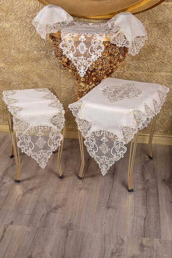 Bursa Çeyiz Hürrem Krem Linen Üzeri Gold Dantelli 5 Parça Salon Takımı Masa Örtüsü Runner Seti - Image 1