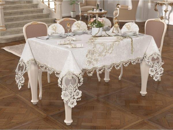 Melis 26 Parça Kadife Fransız Dantelli Yemek Seti Krem Gold Detaylı - Image 1