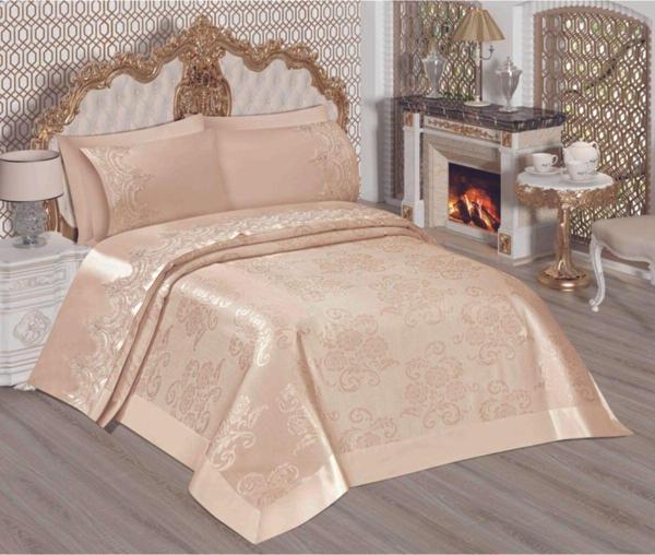 Çalışkan Çeyiz Evi Sultan Brokar Kumaş Pike Takımı 6 Parça - Çift Kişilik Krem 230X240 Cm - Image 1