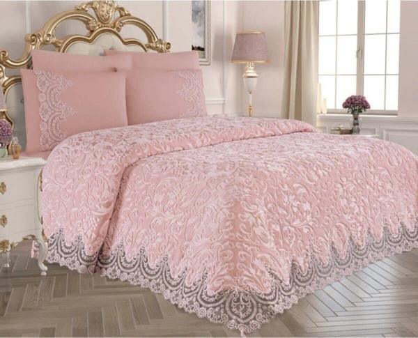 Gold Home Pembe Steel Home Collection Fransız Dantelli Battaniye Seti 6 Parça - Image 1