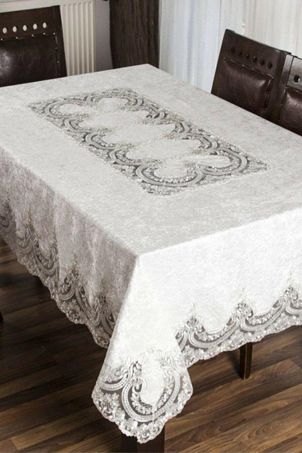 Akc Sultan Fransız Dantelli Kadife Lüx Masa Örtüsü 160X220 - Image 1