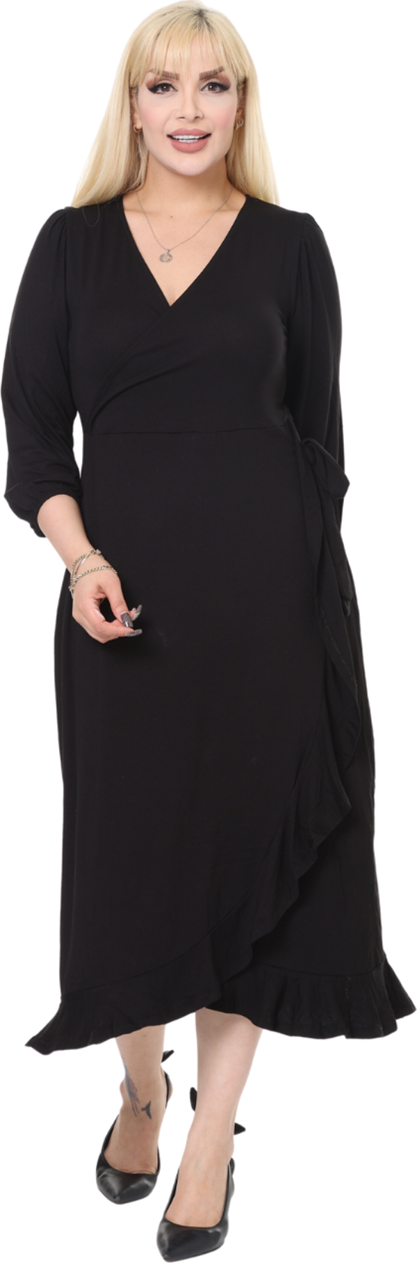 Melsay Butik Siyah Kruvaze Yaka Anvelop Etek Midi Elbise - Image 1