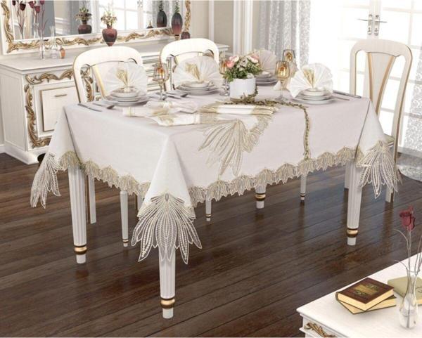 Bursa Çeyiz 26 Parça Linen Palmiye Fransız Dantelli Yemek Seti Kreme Gold - Image 1